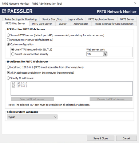 PRTG Web Server Tab